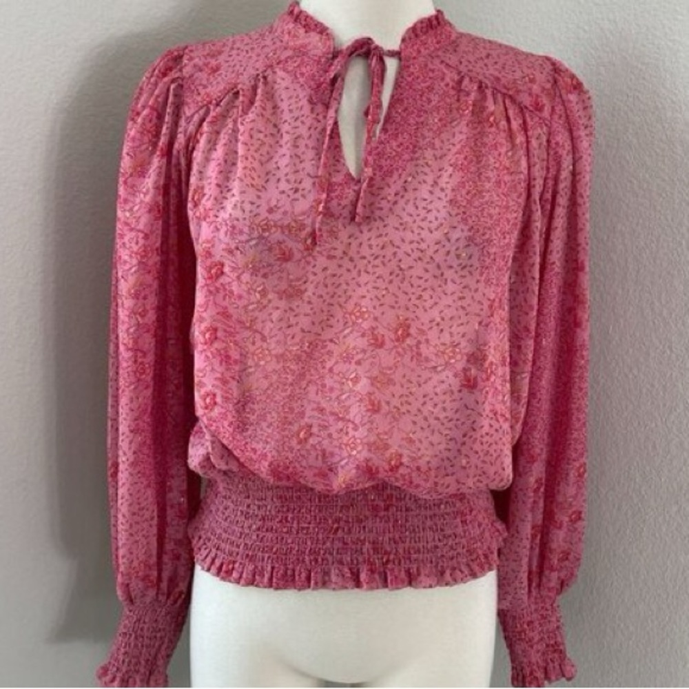 Joie Pink Smocked Floral Blouse with Gold - XS